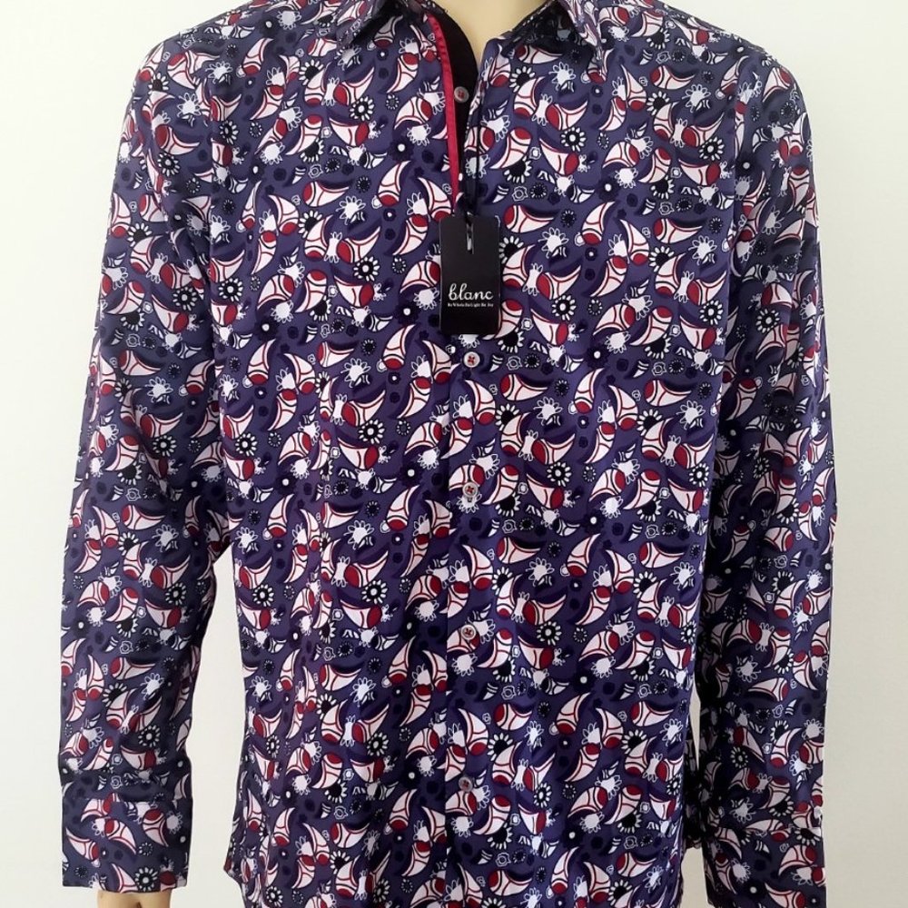 men's purple print shirt L button front silky Blanc NWT